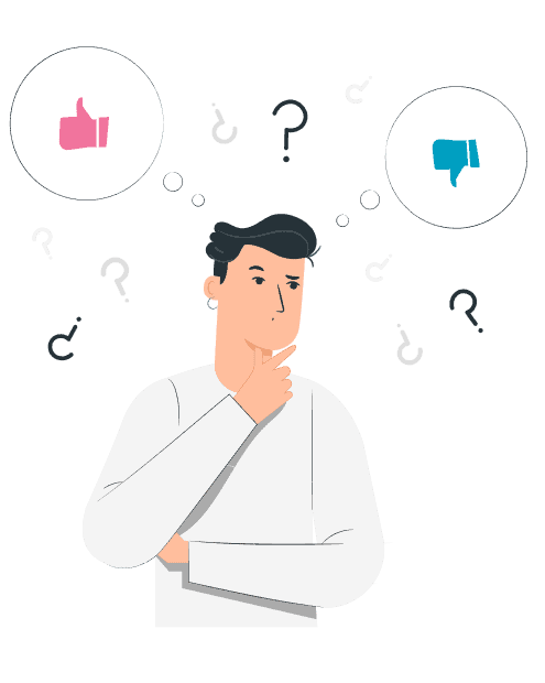 איור של אדם חושב, מוקף בסימני שאלה, עם סמלי אגודל למעלה ואגודל למטה בבועות מחשבה. | גליה גביש מטפלת LI-CBT ילדים, נוער ומבוגרים ומדריכת הורים