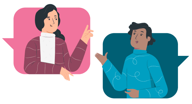 איור של שני אנשים משוחחים, האחד בתוך בועת דיבור ורודה ומחווה בידו, והאחר בתוך בועת דיבור כחולה ומגיב בידו המורמת. | גליה גביש מטפלת LI-CBT ילדים, נוער ומבוגרים ומדריכת הורים
